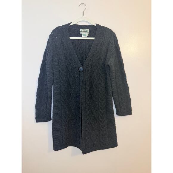 Aran Crafts Womens 100% Wool Irish Cable Knit Fisherman Grey Long Cardigan Small - Picture 1 of 6